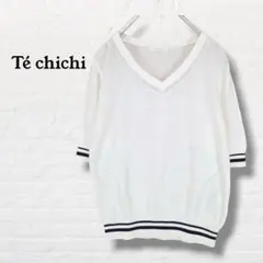 テチチ☆Vネックサマーニット 半袖 ラインデザイン【M】オフホワイト