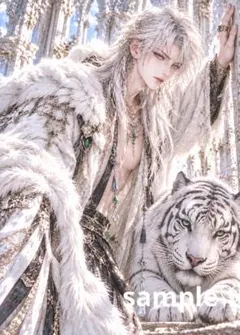 白虎と幻想男子｜白銀の美青年 ファンタジーアート A4プリントAIアート