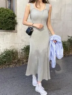 DHOLIC グレー ノースリーブ ニットワンピース