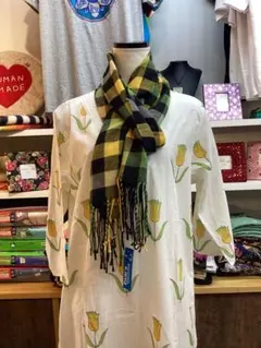 チェック柄マフラー 緑・黒・黄色