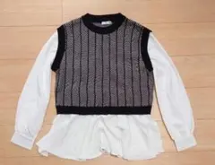 ヘリンボーン柄 重ね着風ペプラムトップス M