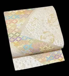 丸勇 唐織 袋帯 六通柄 正絹 七宝 花文 菊 桜 未使用に近い イ6541