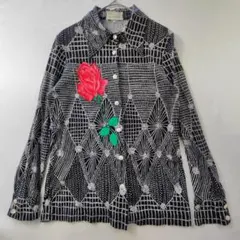 一点物　三越　長袖シャツ　総柄　昭和レトロ　薔薇　60s　70s　綿　黒　XS位