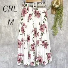 【GRL】プリーツロングスカート 花柄 ウエストゴム 白 ピンク ベルト付き M