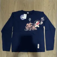 送料無料、未使用品、ネイビー 魚と波の刺繍長袖Tシャツのサムネイル