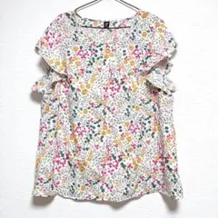 SHEIN 花柄 フリル袖 ブラウス 2XL 白 ゆったり ビッグサイズ 古着のサムネイル