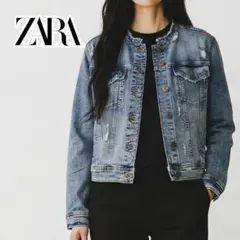 ザラ ZARA デニムジャケット ノーカラー フリンジ仕上げ ダメージ加工