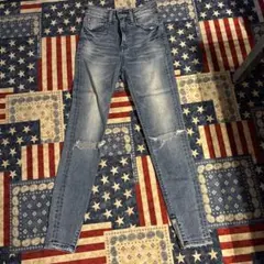 リエンダ　ライトブルー スキニーデニム 膝ダメージ　ハイウエスト