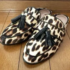 美品 銀座かねまつ ヒョウ柄 ミュール 21.5cm タッセルローファー ハラコ