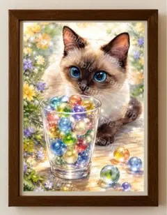 【水彩画アート】シャム猫が見つめるビー玉　2L版写真用紙