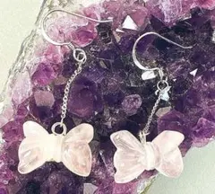 ☆新品☆新着☆天然石ローズクォーツ☆リボン型ピアス☆