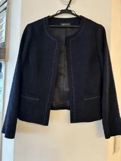 美品 INDIVI ノーカラージャケット ツイード ラメ 38 濃紺 セレモニー