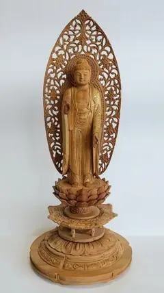 阿弥陀如来立像 舟型唐草光背 柘植六角台座 立像 阿弥陀如来 時宗 浄土宗 仏像 福和屋 仏像 木彫 舟型来迎雲文光背◆白檀 6寸#451 彫刻・オブジェ