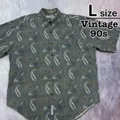 90s　USA古着　総柄シャツ　半袖　L　ペイズリー　グレー系　ボタンダウン