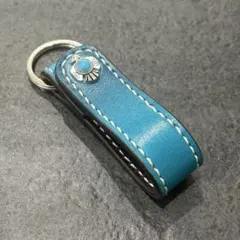 本革 ベルトループキーリング ターコイズ コンチョ レザーキーホルダー　ブルー