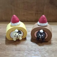いちごロールケーキ猫 2点セット コンコンブル風 ミニチュア 猫置物