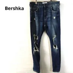 Bershka　 デニムジーンズ　ダメージ加工　ダークブルー