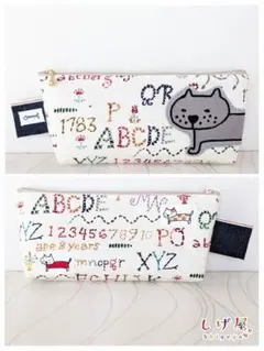 ハンドメイド　マチ付きファスナーポーチ　ペンケース20cm　USA綿×整列ねこ