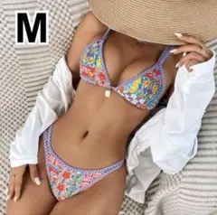 レディース セクシー 水着 セパレート 2点セット 三角ビキニ 花柄 オレンジM