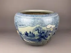 たちばな焼陶器藍色染め付け山水画火鉢24cm伝統工芸骨董品メダカ金魚睡蓮鉢 大型 直径約49cm たちばな焼 橘焼 火鉢 染付 山水図 藍染め 色絵 欠け