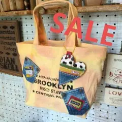 デニムリメイク☆ぷっくりハートバッグチャーム付手染めミニトートバッグ✨️