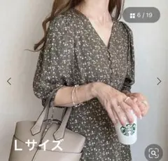 JUNOAH 花柄ボリュームスリーブマキシ丈ワンピース　カーキ　Ｌのサムネイル