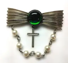 70sヴィンテージブローチ リボン 十字架 パールエメラルドグリーン 昭和レトロ
