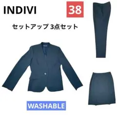 洗える★INDIVI パンツ×スカート　3Pスーツセットアップ ストライプ 黒のサムネイル