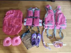 美品★シュノーケリングセット、水遊び用ピンクライフジャケット、マリンシューズ等