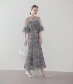 チュールフリルスリーブスパンコールフラワーマーメイドワンピース