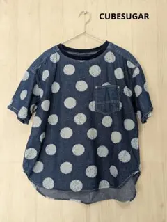 美品CUBESUGAR 抜染ドットプリント デニム クルーネック Tシャツ　М