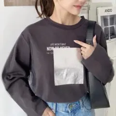 綿100%天竺. チュールレイヤードロゴ箔プリントロングTシャツのサムネイル