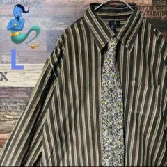 【個性派古着】一点物　ネクタイシャツ　ブラウン　ストライプ 長袖シャツ　L