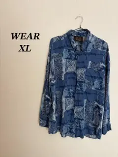 パターン入り青長袖シャツ XL