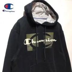 US古着 アメリカ古着 チャンピオン プリントパーカー ビッグロゴ 迷彩 黒 S
