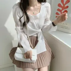 シンプル ブラウス 韓国 L ホワイト シアー レディース リボン