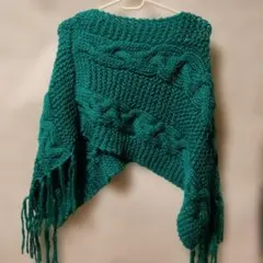 ターコイズ ケーブル編みショール フリンジ付き