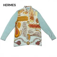 HERMES エルメス シルクシャツ スカーフ柄 ニット切替 マルチカラー M HERMES エルメス シルクシャツ スカーフ柄 ニット切替 マルチカラー M