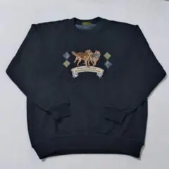 日本製 ブラック クルーネック スウェットライクニット 犬 刺繍 毛混 L