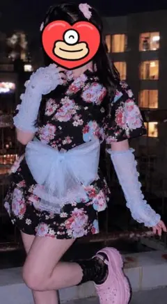y2k♡姫ギャル浴衣ドレス ハートりぼん♡レースフリル ブラック×ピンク