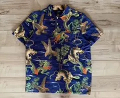 90s サンサーフ フラガール M品番 アロハシャツ ネイビー L レーヨン 