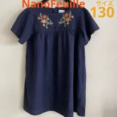 NanoFeuille紺地花刺繍ワンピース サイズ130 綿100%フレアー半袖のサムネイル