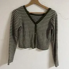 クロップド丈 短丈 薄手 カーディガン 羽織 ボーダー 緑 カーキ 春服 秋服のサムネイル