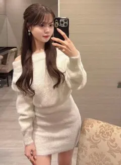 オフショルダー シャギーニットワンピース GRL