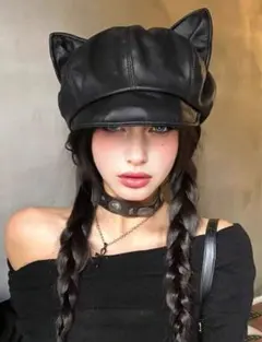 新品未使用　猫耳レザーキャスケット　レディース帽子　56〜58cm サイズ調整可