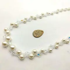 ツートンパールとスワロフスキークリスタルのネックレスロング