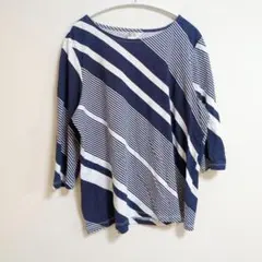 ストライプデザイン 七分袖Tシャツ【USA 12】ネイビー ホワイト レディース