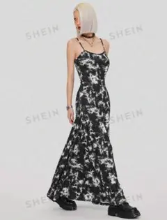 SHEIN 黒と白のタイダイ柄 キャミソールロングワンピース