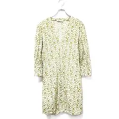 ZARA ロングワンピース 七分袖 緑 白 M 花柄 薄手 爽やか 春夏 上品