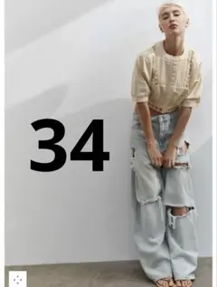 34 ZARA TRF ダメージ加工バギーミッドライズデニムパンツ